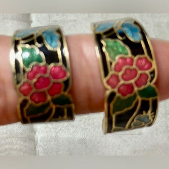 Vintage Jewelry - Vintage Cloisonné Black Butterfly Floral Earrings